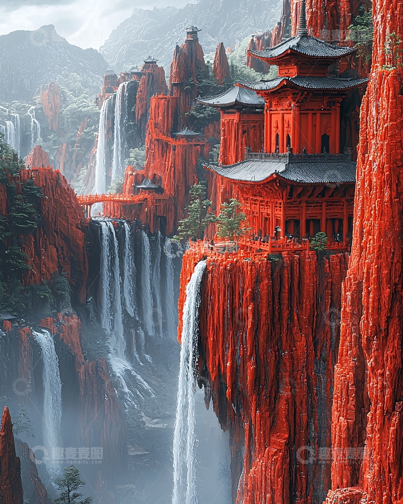 高清大图下载【趣麦麦图】红色山崖上的中国寺庙