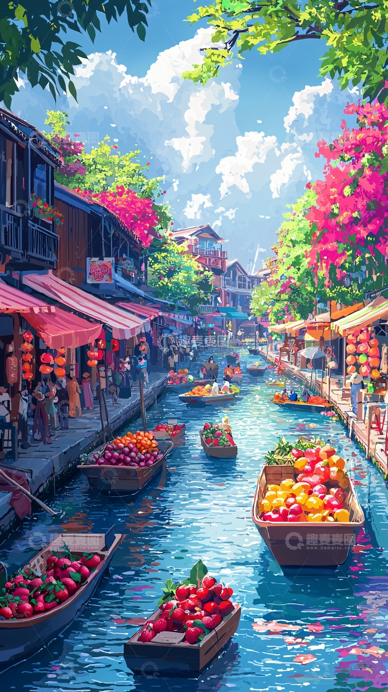 高清大图下载【趣麦麦图】水彩画风格江南水乡