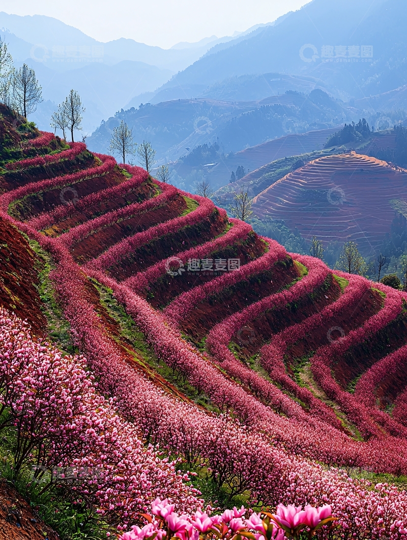 高清大图下载【趣麦麦图】红粉色梯田花海