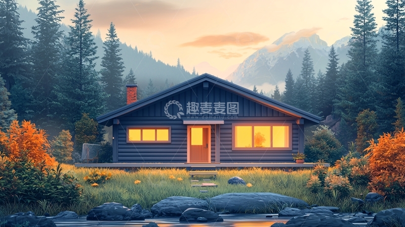 高清大图下载【趣麦麦图】山林小屋夜景