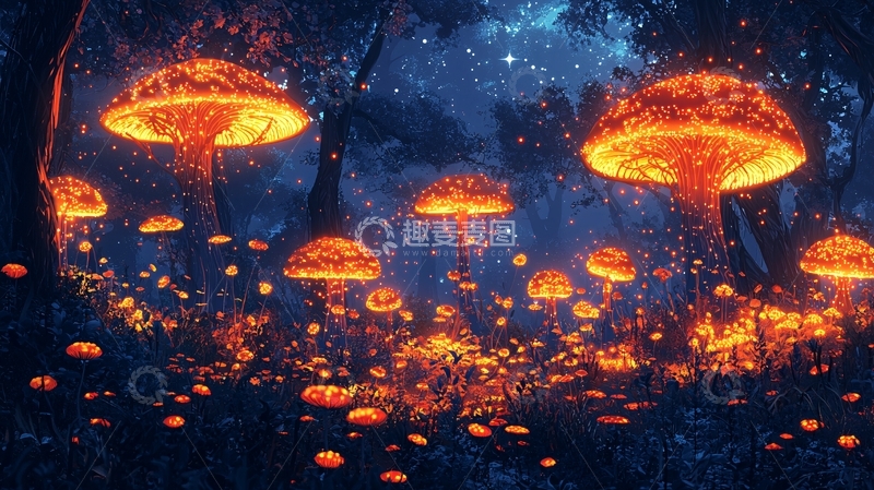 高清大图下载【趣麦麦图】夜空下发光的火焰蘑菇森林