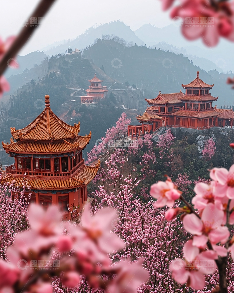 高清大图下载【趣麦麦图】粉红色樱花与中国古建筑