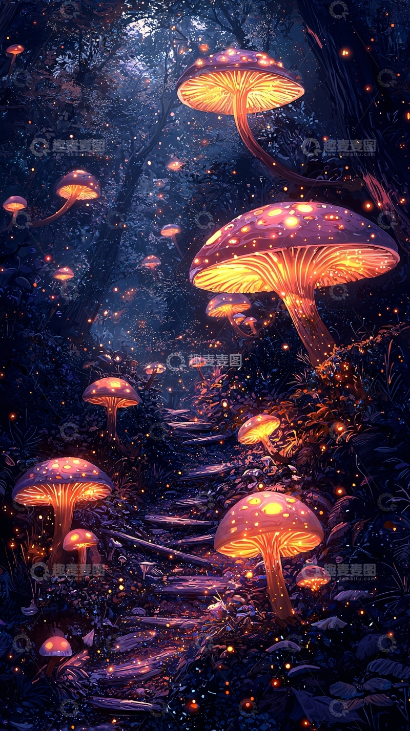 高清大图下载【趣麦麦图】夜光蘑菇森林小路