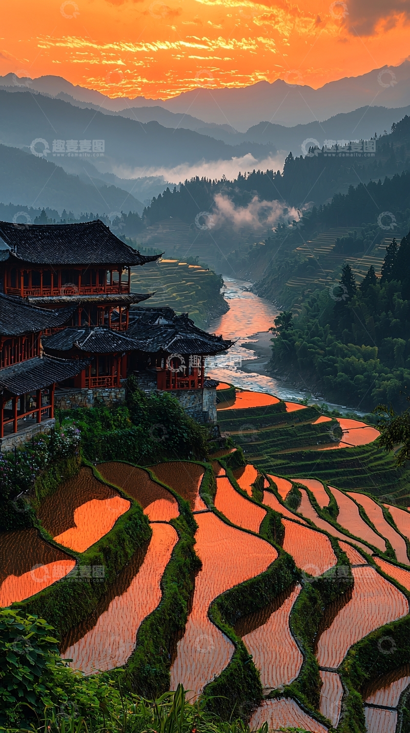 高清大图下载【趣麦麦图】夕阳下的梯田古村