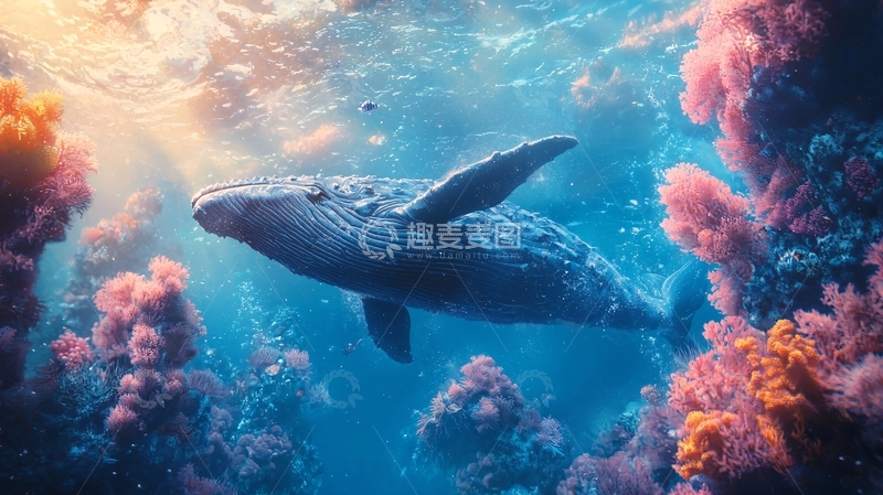 高清大图下载【趣麦麦图】阳光下的鲸鱼与珊瑚