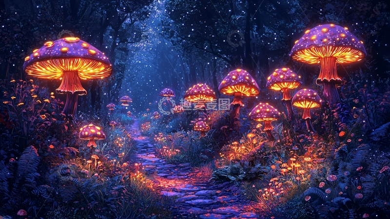 高清大图下载【趣麦麦图】发光蘑菇森林小路