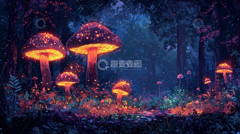 高清大图下载【趣麦麦图】夜光蘑菇森林