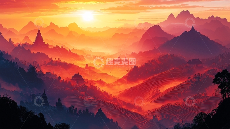 高清大图下载【趣麦麦图】日出山峰佛塔剪影