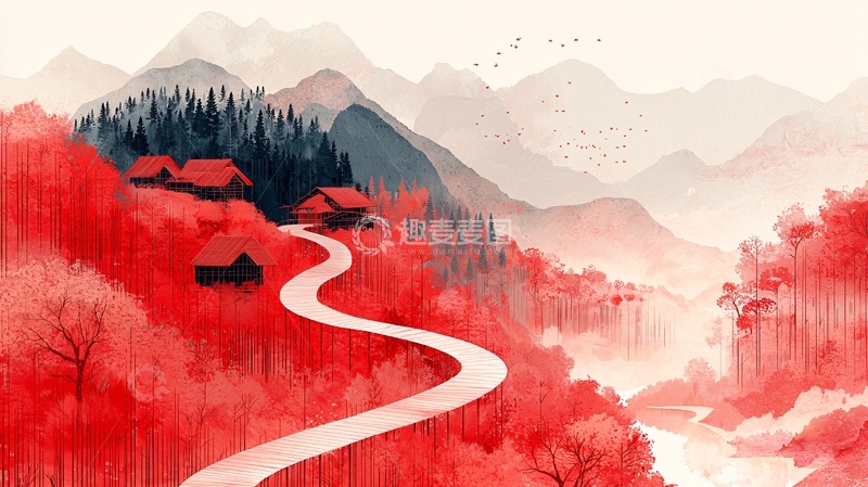 高清大图下载【趣麦麦图】红色山水风景画