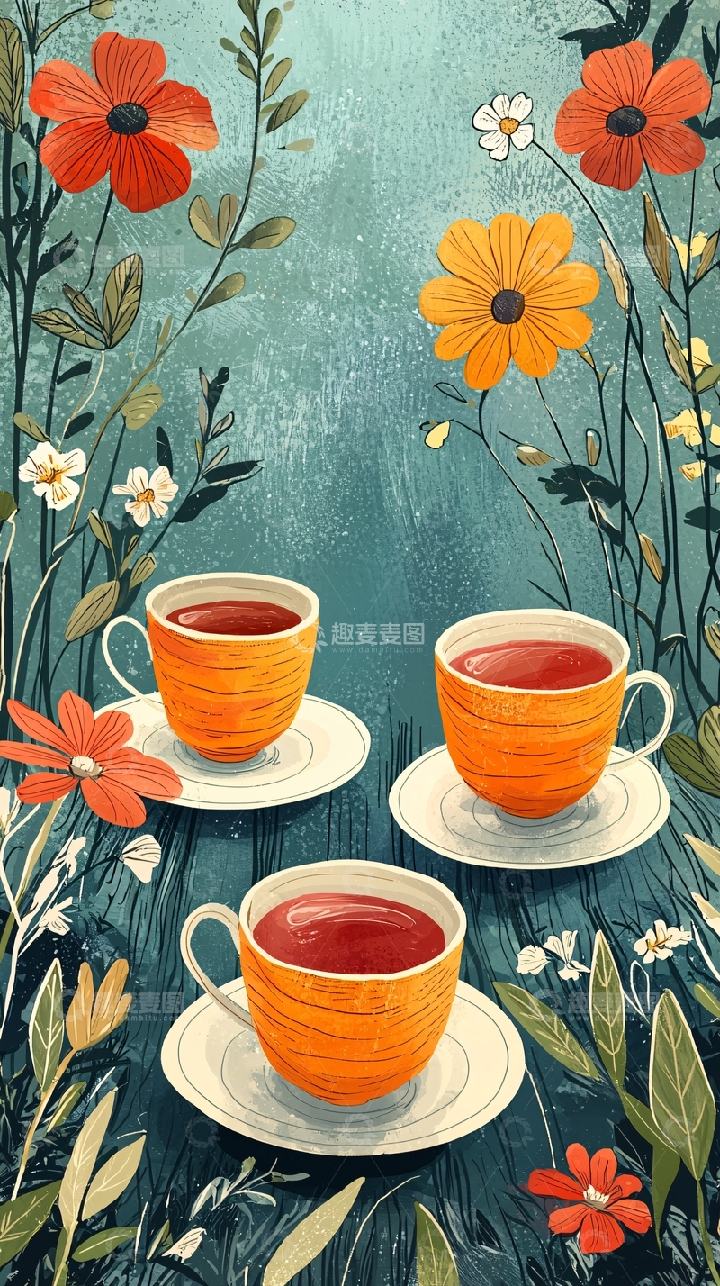 高清大图下载【趣麦麦图】三杯茶与野花插画