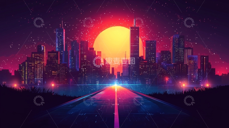 高清大图下载【趣麦麦图】复古未来都市夜景