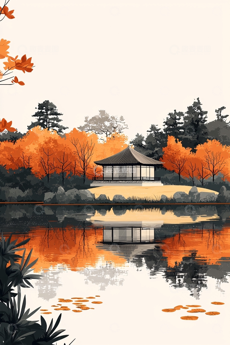 高清大图下载【趣麦麦图】秋日湖畔的亭台水榭