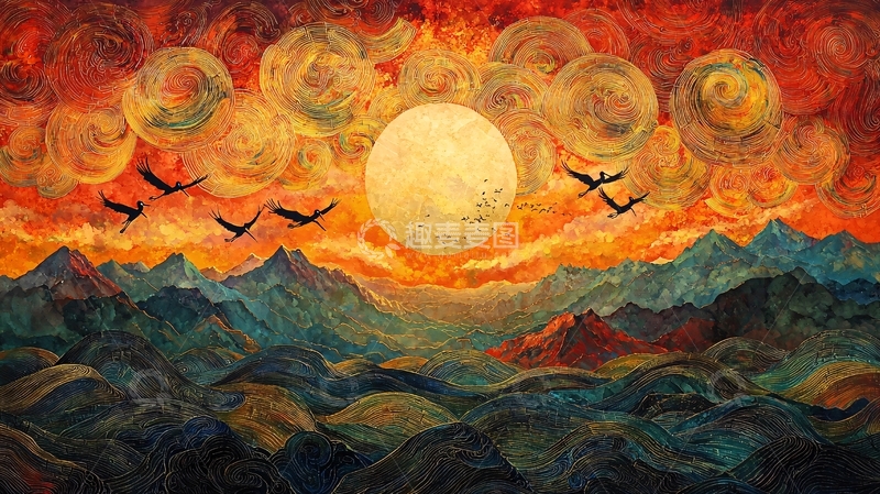 高清大图下载【趣麦麦图】抽象山川日落图