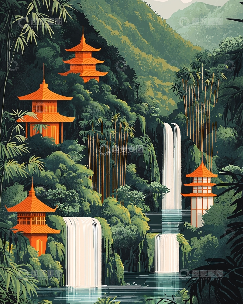 高清大图下载【趣麦麦图】热带雨林中式建筑瀑布