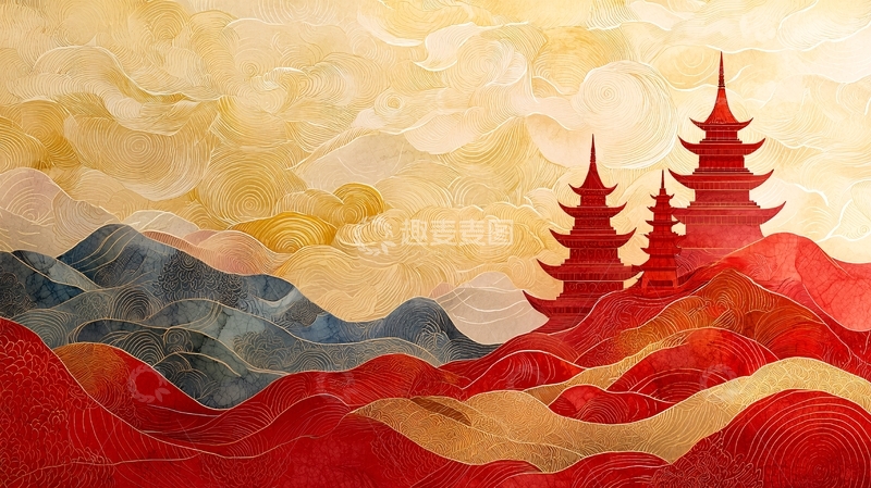 高清大图下载【趣麦麦图】水墨风红色山峦与楼阁