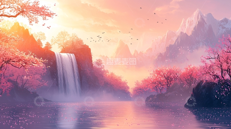 高清大图下载【趣麦麦图】唯美樱花瀑布山水画