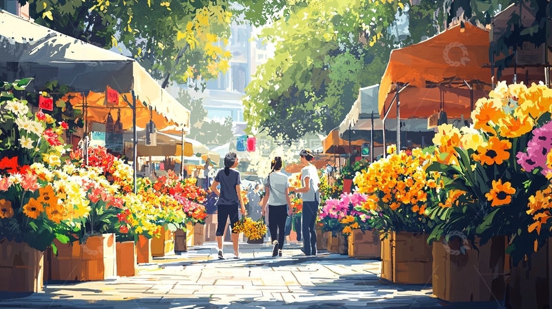 高清大图下载【趣麦麦图】阳光下花市街景