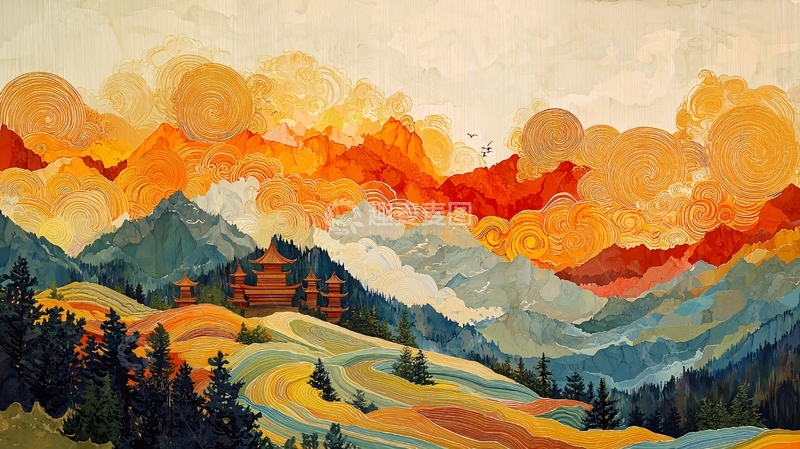 高清大图下载【趣麦麦图】水彩山景3