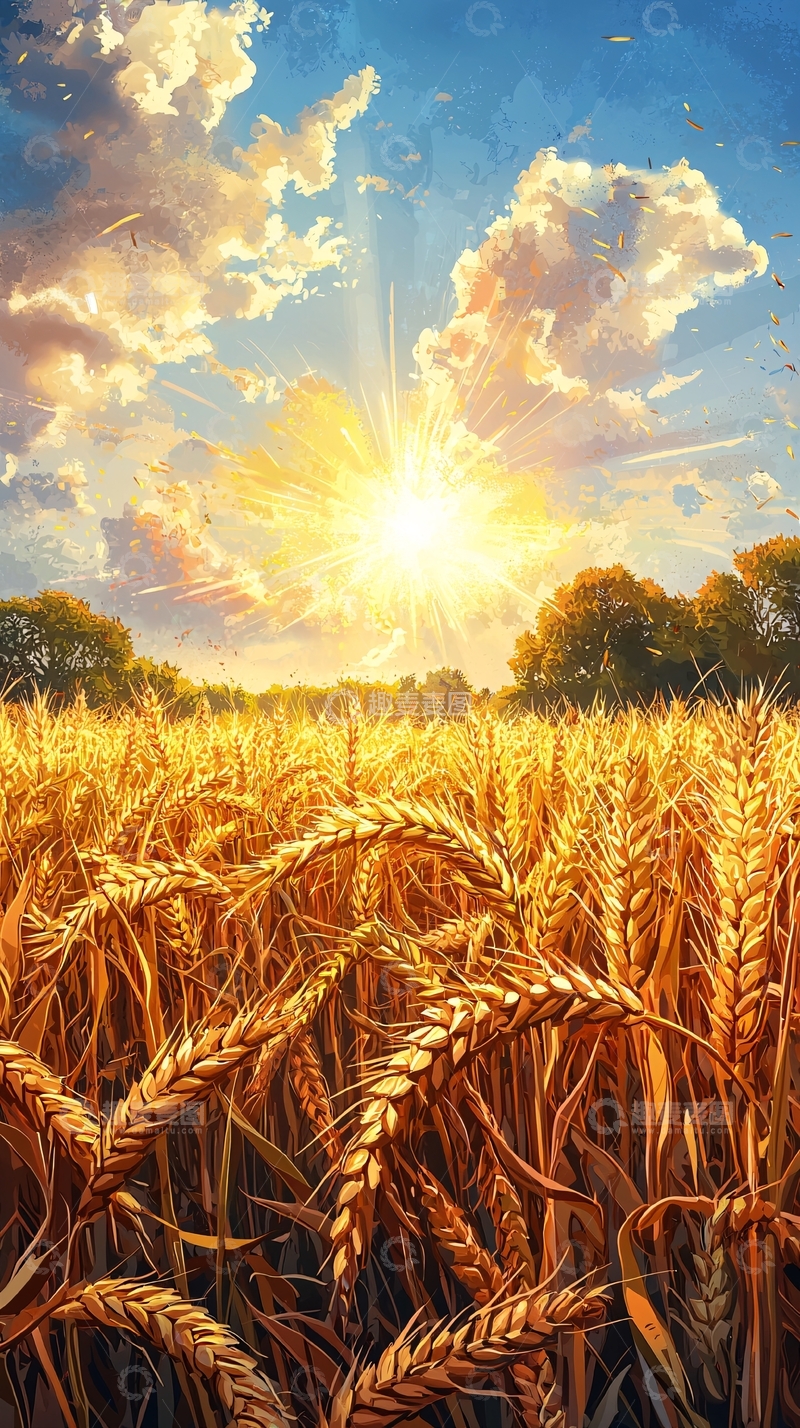 高清大图下载【趣麦麦图】金黄麦田日出景象