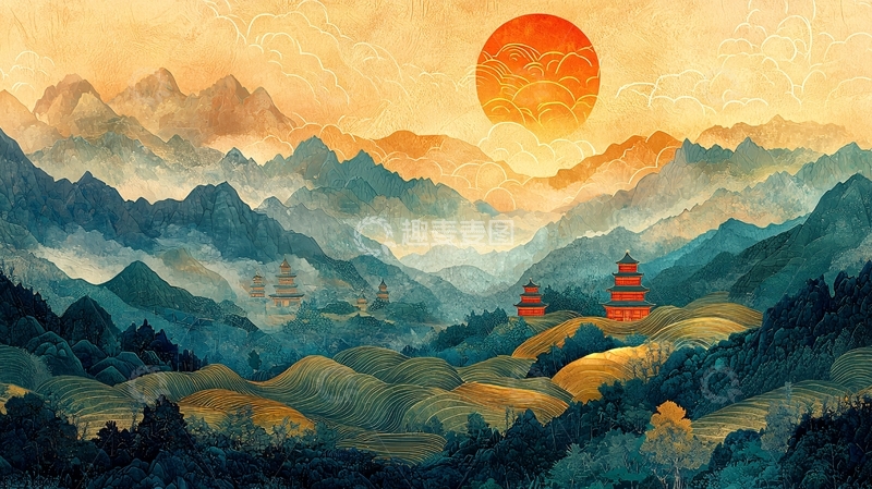 高清大图下载【趣麦麦图】山水水墨画日出