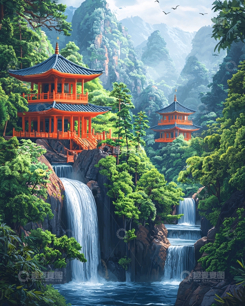 高清大图下载【趣麦麦图】山间寺庙瀑布风景画