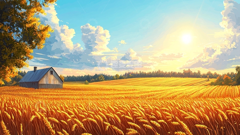 高清大图下载【趣麦麦图】金色的麦田与农舍