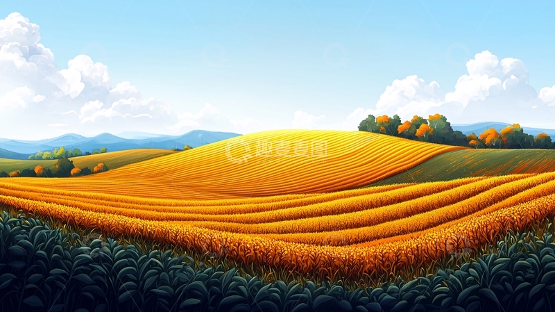 高清大图下载【趣麦麦图】金黄麦田下的连绵山丘