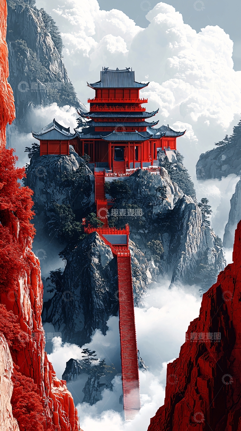 高清大图下载【趣麦麦图】红枫山顶古刹