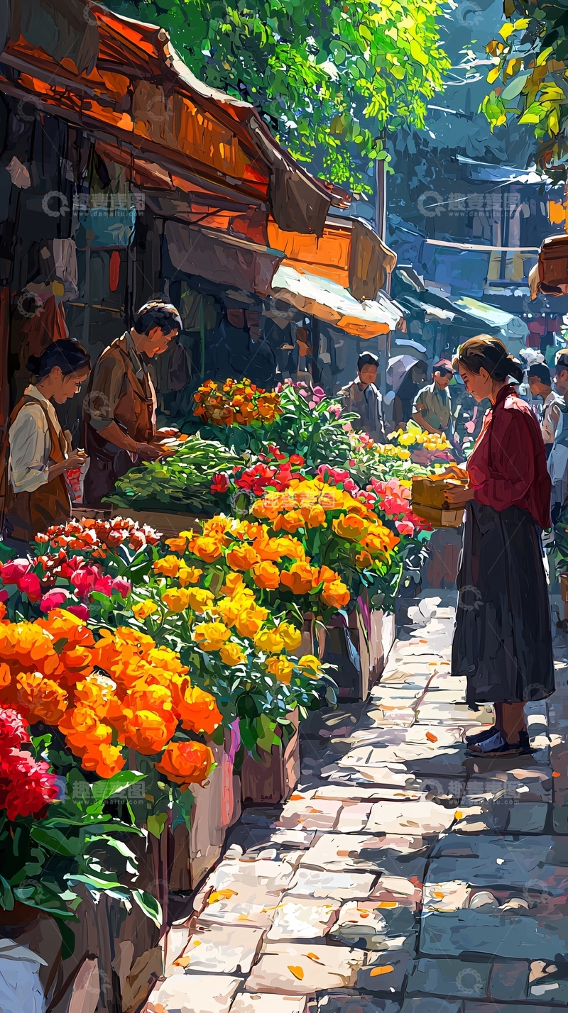 高清大图下载【趣麦麦图】阳光下的鲜花市场