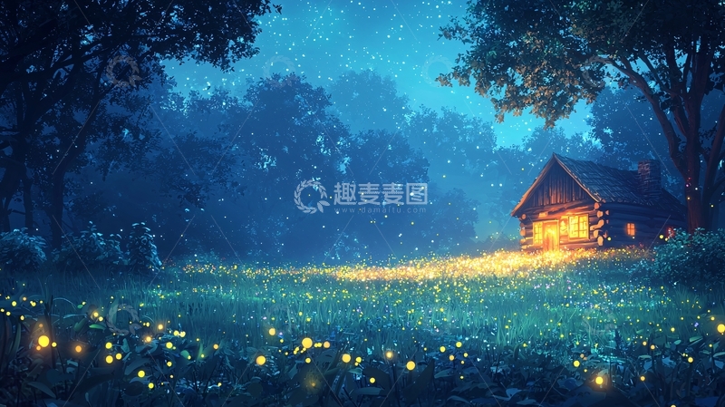 高清大图下载【趣麦麦图】夜晚森林小屋萤火虫