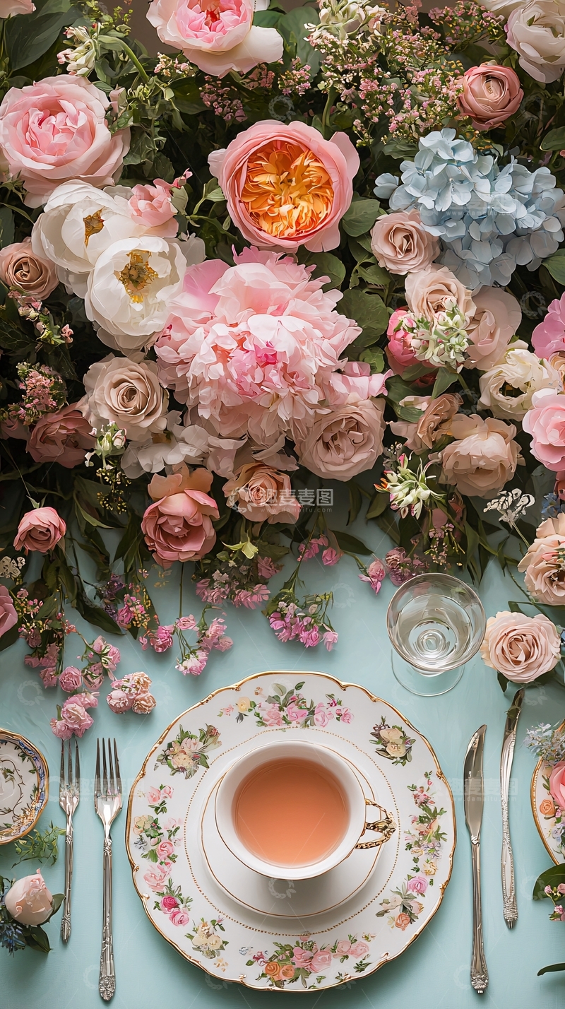 高清大图下载【趣麦麦图】粉色系花卉下午茶