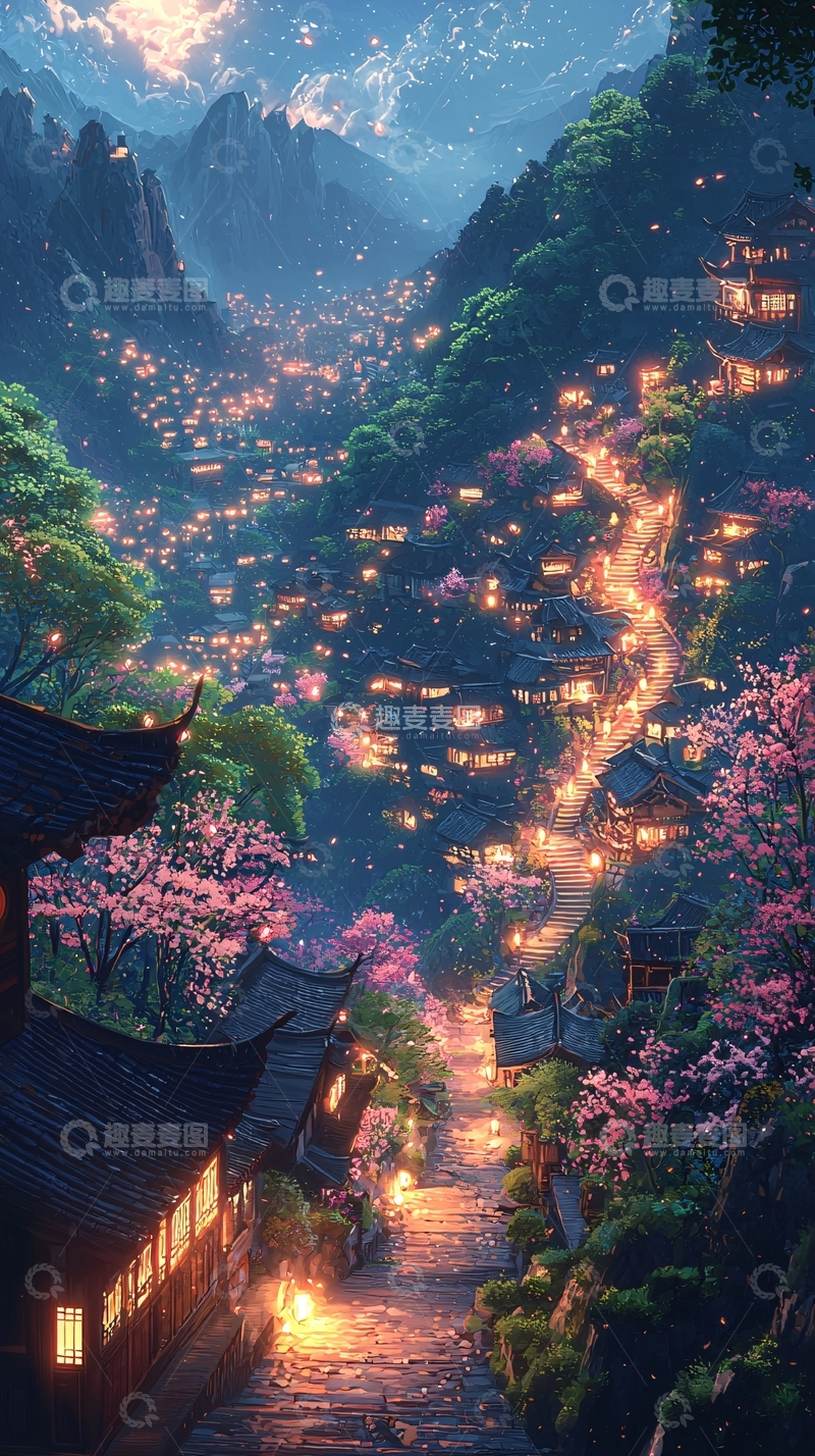 高清大图下载【趣麦麦图】梦幻山村夜景