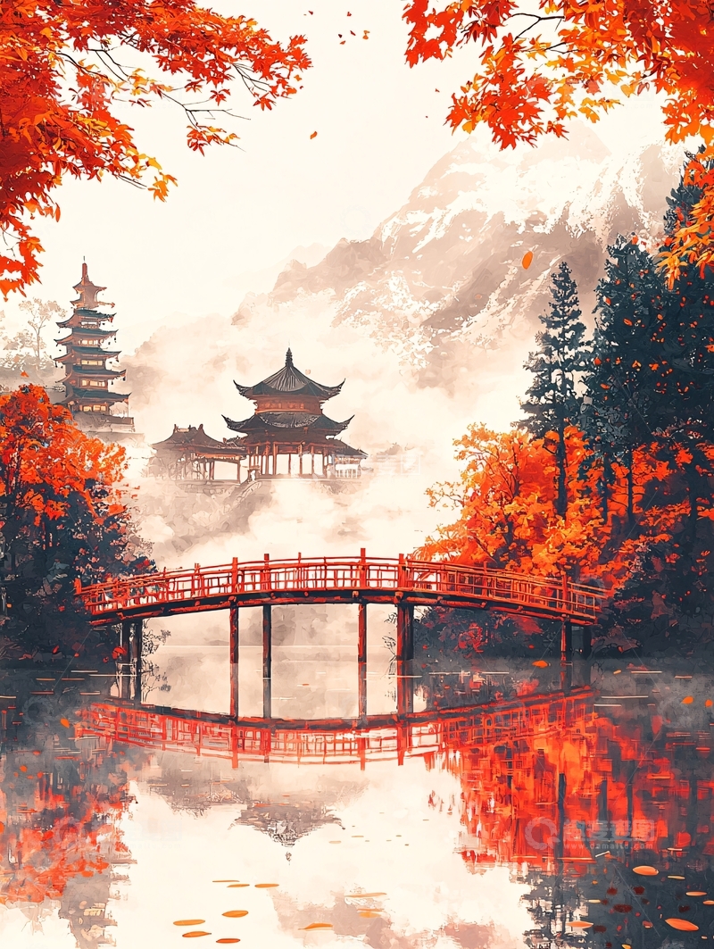 高清大图下载【趣麦麦图】秋日红枫古建筑山水画