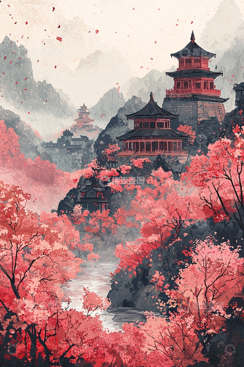 高清大图下载【趣麦麦图】红色樱花盛开的寺庙