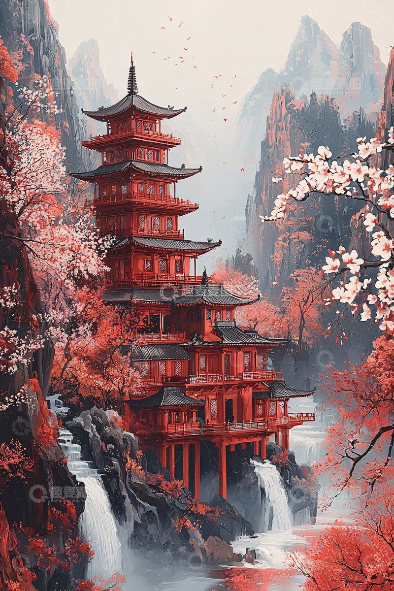 高清大图下载【趣麦麦图】红枫寺院瀑布山水画