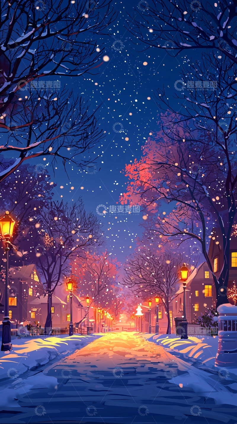 高清大图下载【趣麦麦图】冬夜雪景街道