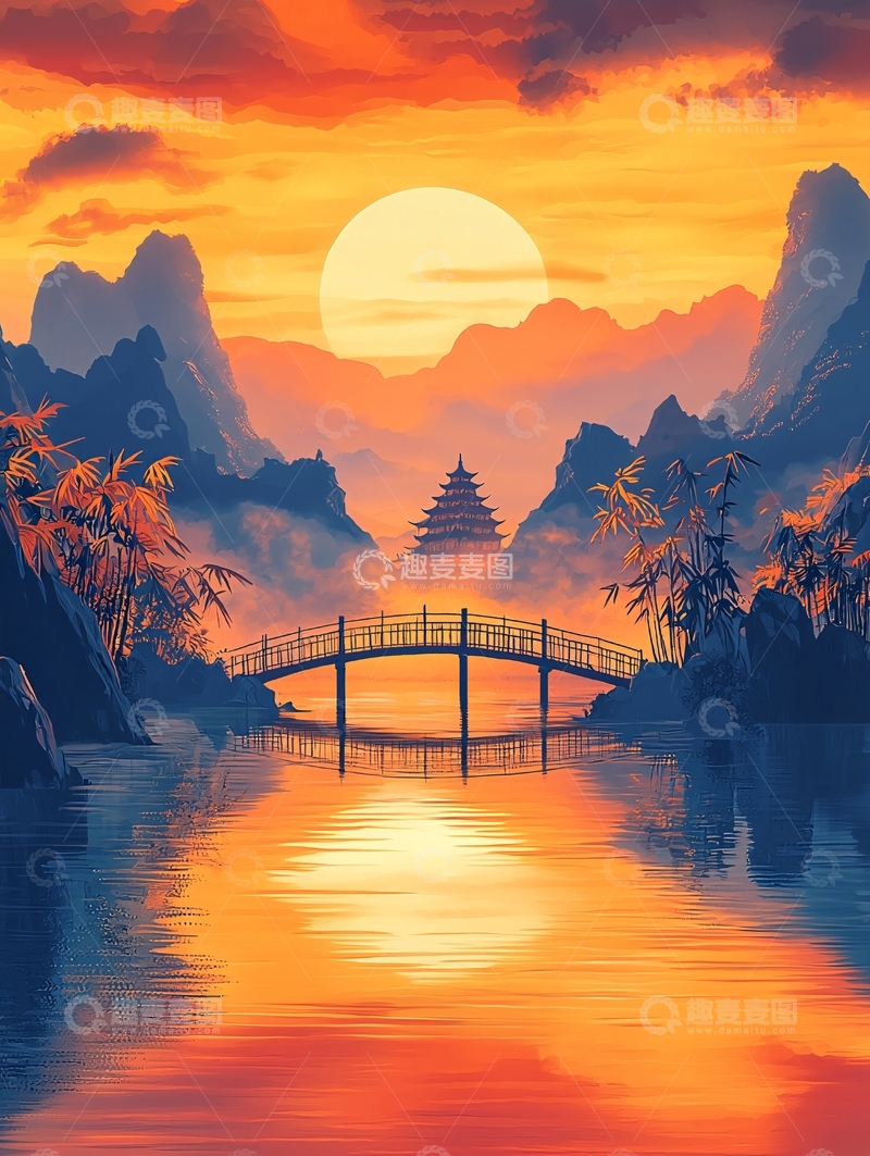 高清大图下载【趣麦麦图】日落山川古桥