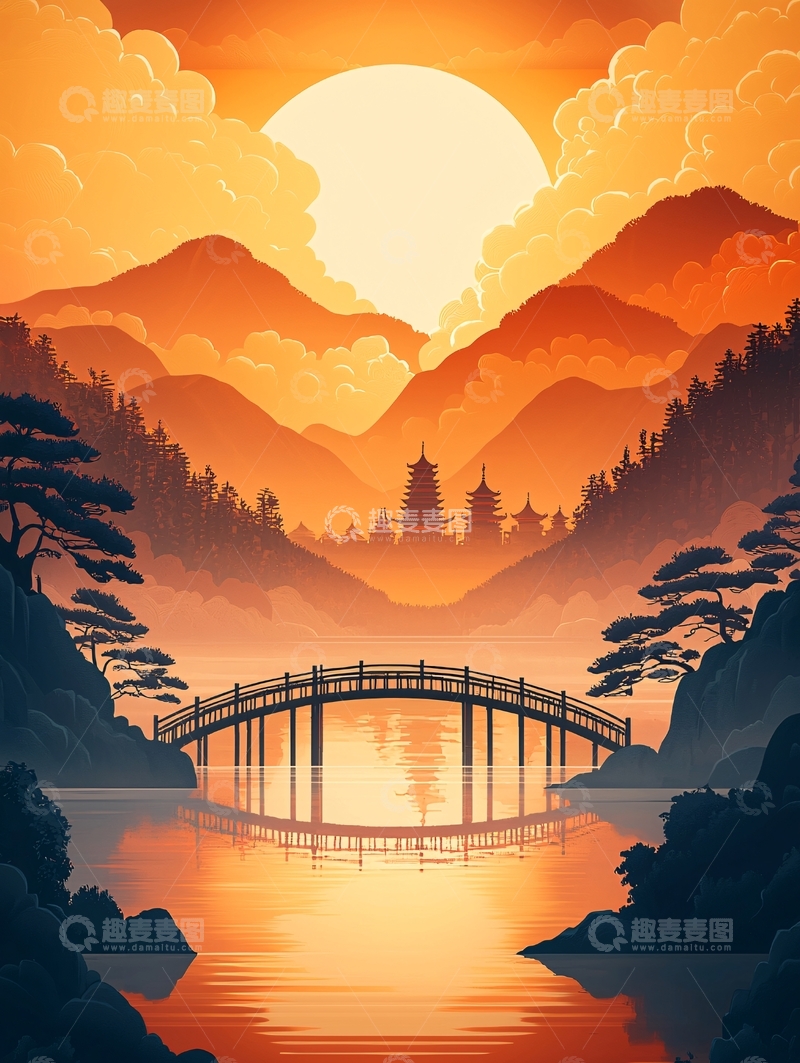 高清大图下载【趣麦麦图】日落山川古桥风景