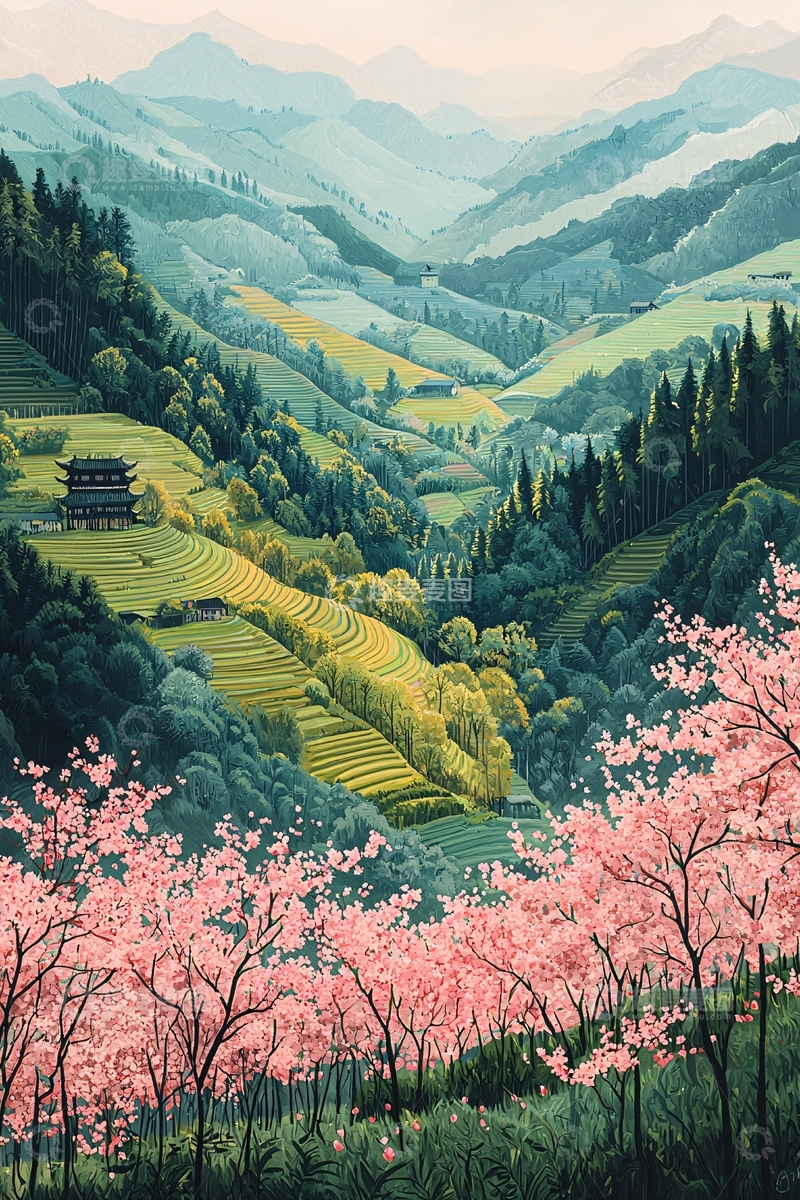 高清大图下载【趣麦麦图】山谷田园樱花景色