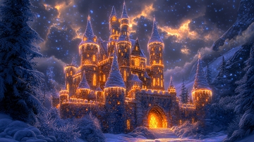童话般梦幻的雪夜城堡