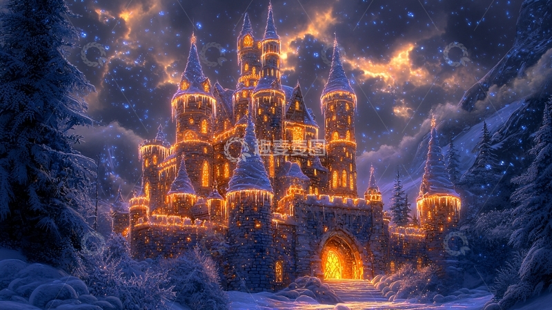 高清大图下载【趣麦麦图】童话般梦幻的雪夜城堡