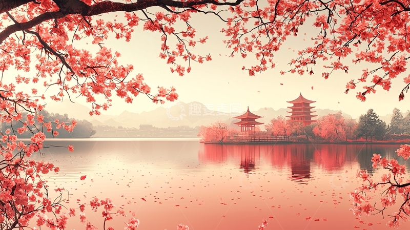 高清大图下载【趣麦麦图】唯美日式樱花湖景