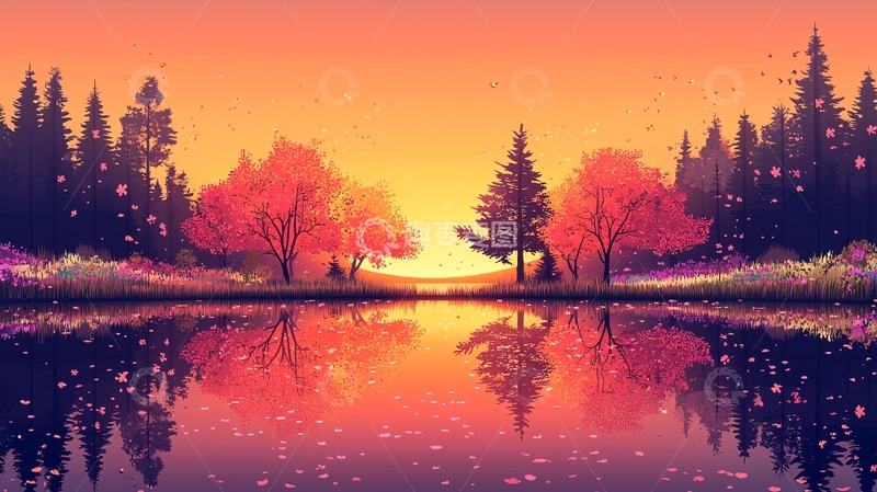 高清大图下载【趣麦麦图】夕阳下的森林湖泊
