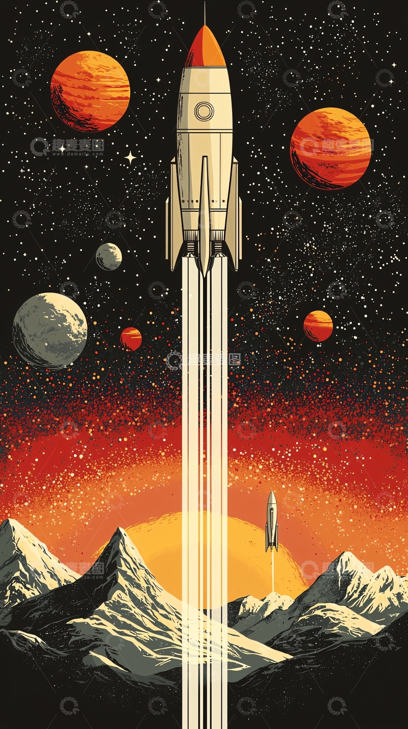 高清大图下载【趣麦麦图】复古火箭太空飞船