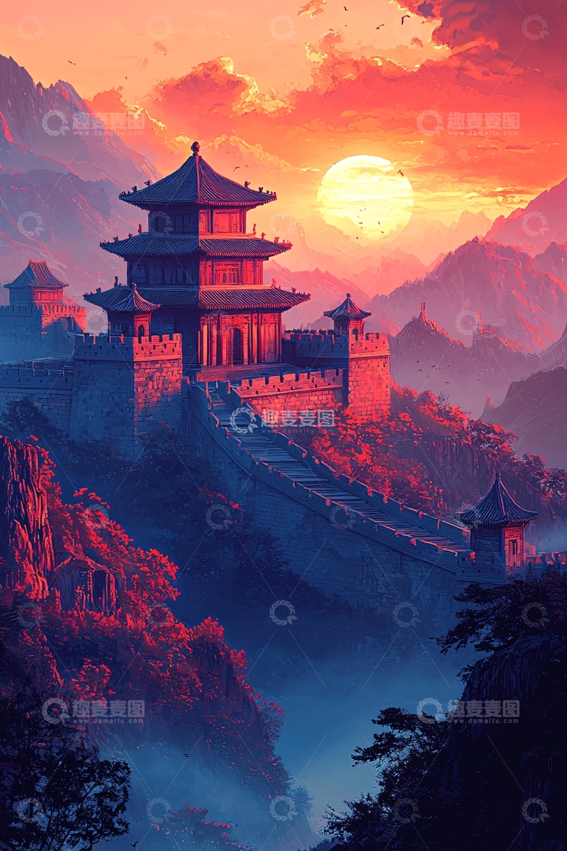 高清大图下载【趣麦麦图】日落山峦古堡建筑