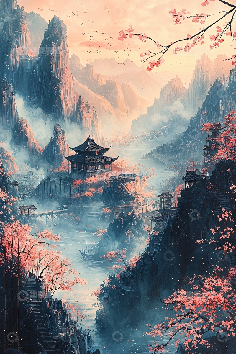 高清大图下载【趣麦麦图】樱花环绕山间寺庙