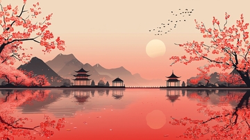 水面倒影的樱花古风建筑