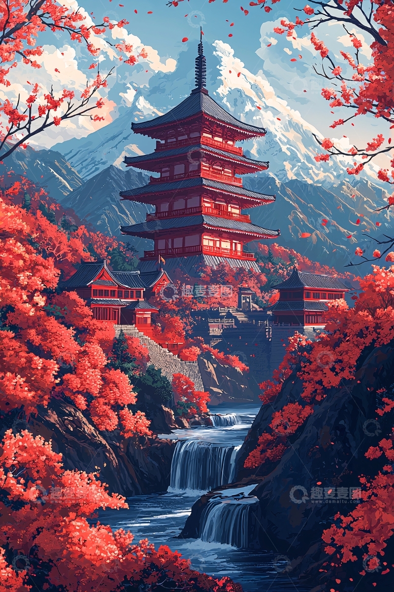 高清大图下载【趣麦麦图】红枫寺院雪山瀑布
