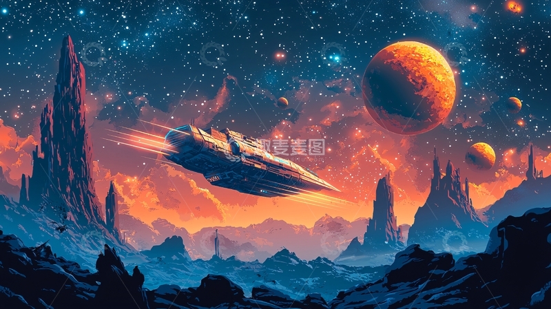 高清大图下载【趣麦麦图】宇宙飞船飞跃奇幻星球