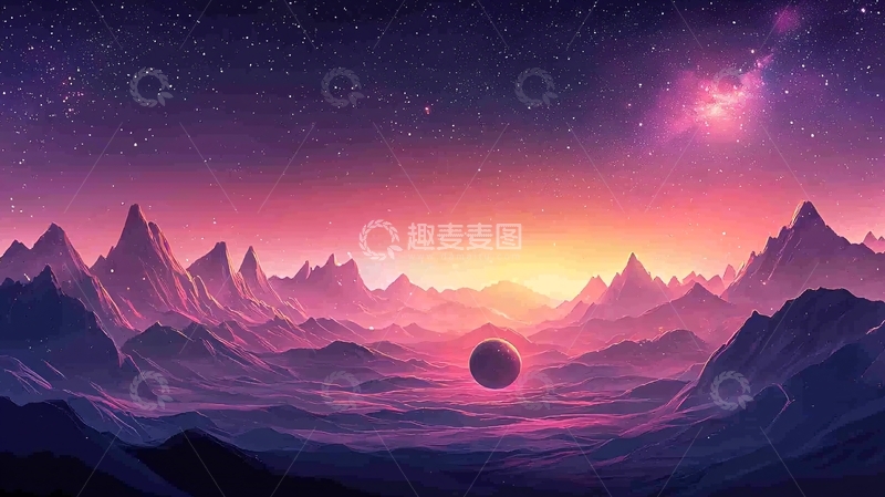 高清大图下载【趣麦麦图】紫色星球日出山脉